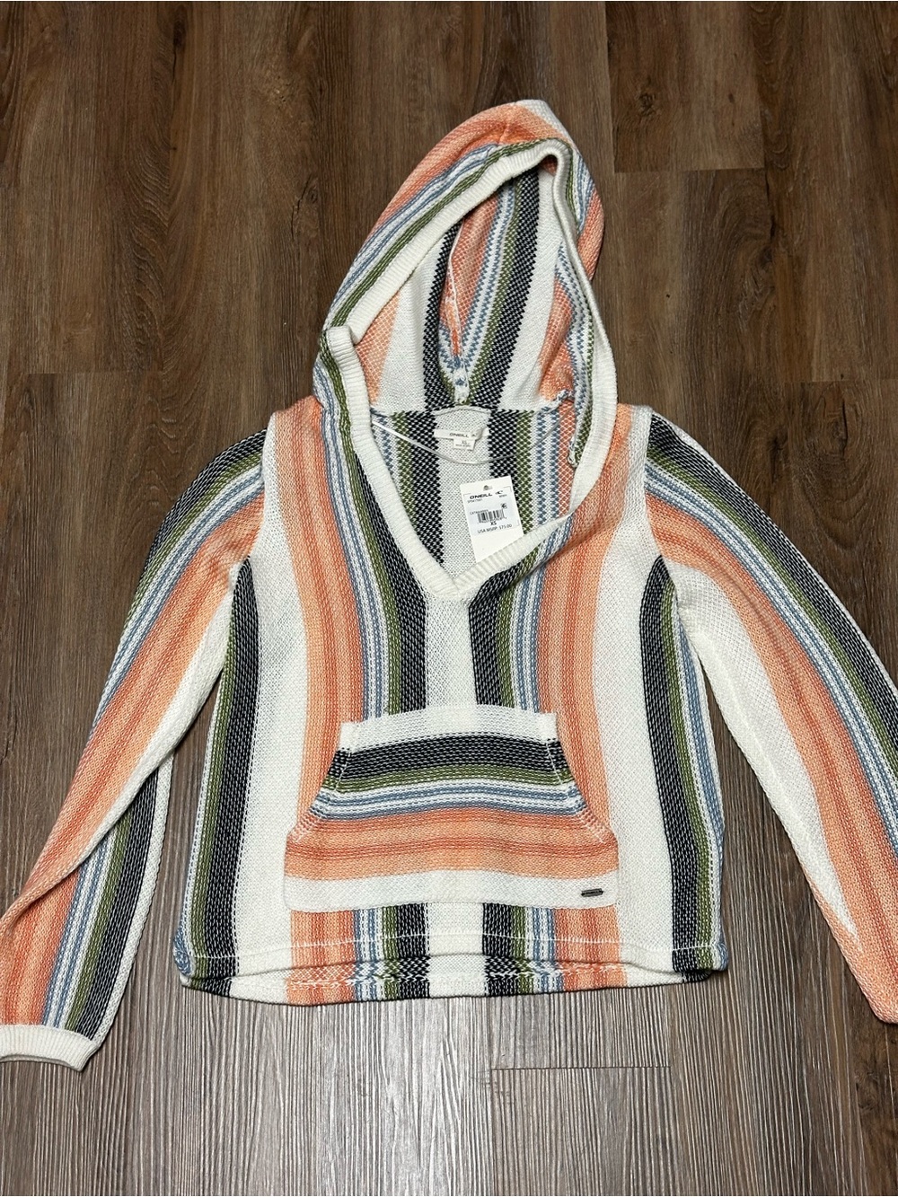 O'Neill Striped Hooded Sweater in Peach, Olive, Cream & Black
